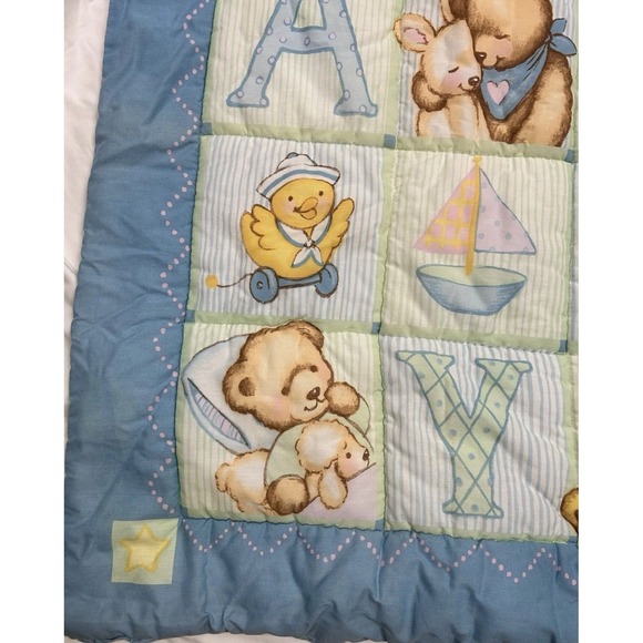 Vintage 90s Springmaid Baby Quilt Alphabet Blocks Blue Jeans Teddy Cottagecore - Picture 3 of 7